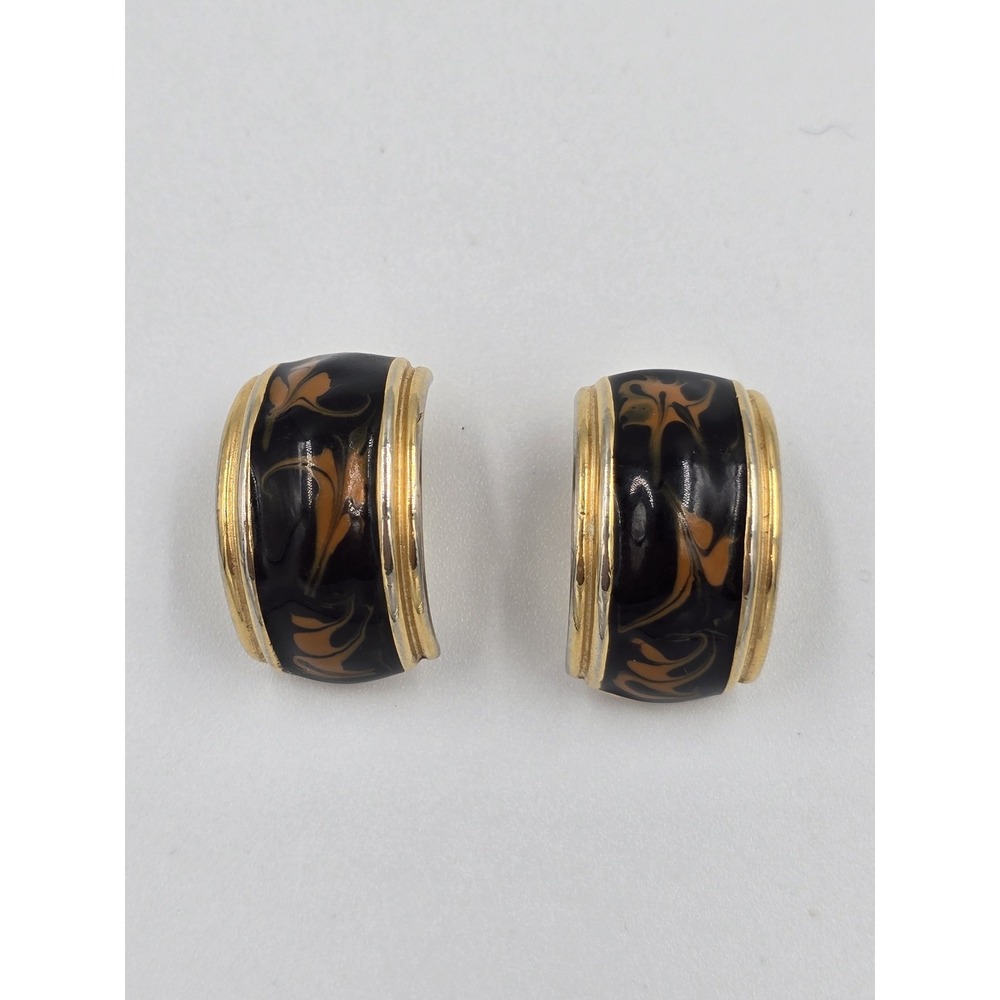 Vintage Erwin Pearl Black Gold Enamel Marbled Clip-On Earrings Half‎ Hoop Design